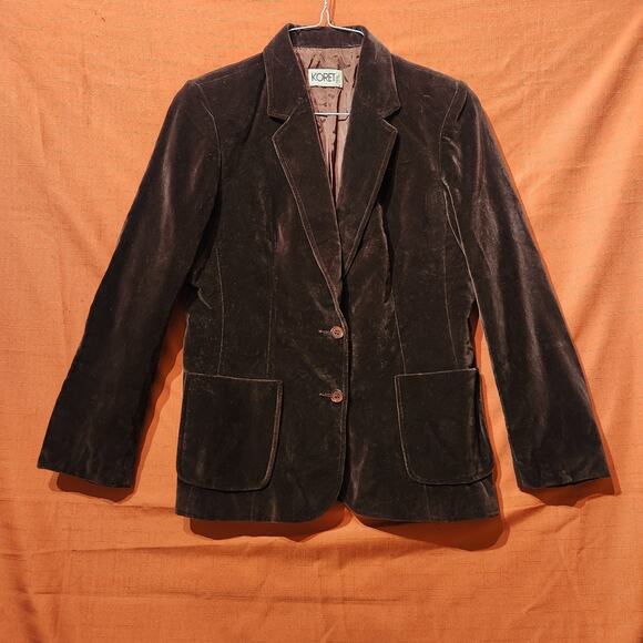 Vintage Womens Sz M Chocolate Brown Velvet 2 Button Blazer Jacket Shoulder Pads - Picture 1 of 9